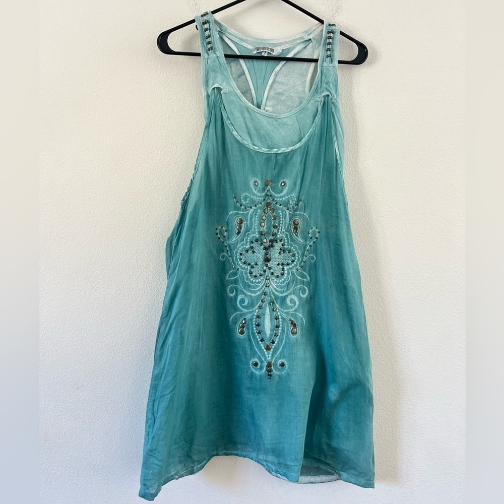 Monoreno Turquoise Stonewashed Bronze Studded Embroidered Floral Tank Dress L